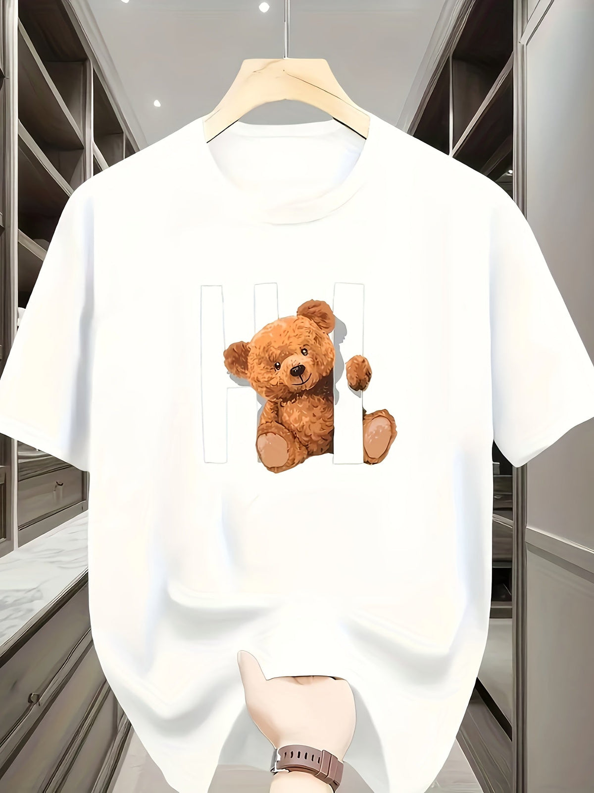 Cute Cartoon Bear Print Short Sleeve Tee Breathable Crew Neck Regular Top