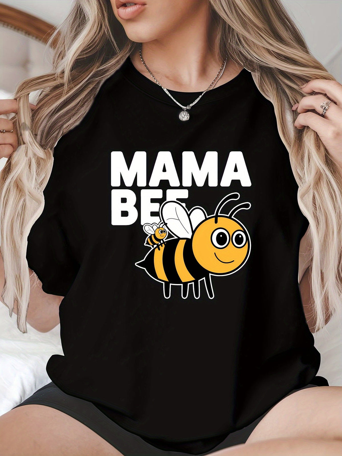 MAMA BEE Print Short Sleeve Tee American Trendy Crew Neck Casual Top