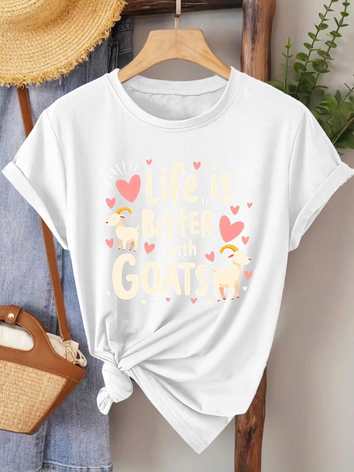 Cartoon Goat Heart Print Short Sleeve Tee Distressed Retro Crew Neck Top
