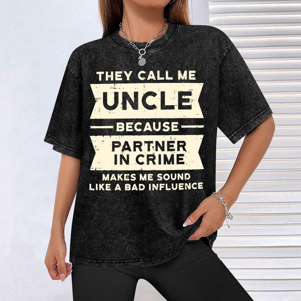 Men's Funny Uncle Crime Partner Slogan T-Shirt - 100% Breathable Retro Streetwear Tee With Partner In Crime Saying, Loose Fit Casual Short Sleeve Shirt For Daily Wear Washed Tee