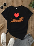 Cute Dog Heart Print Short Sleeve Tee Spring Summer Fall Crew Neck Casual Top