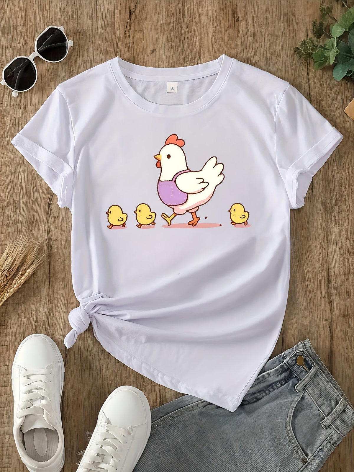 Hen Chick Graphic Crew Neck Short Sleeve Tee Unisex Summer Casual Top
