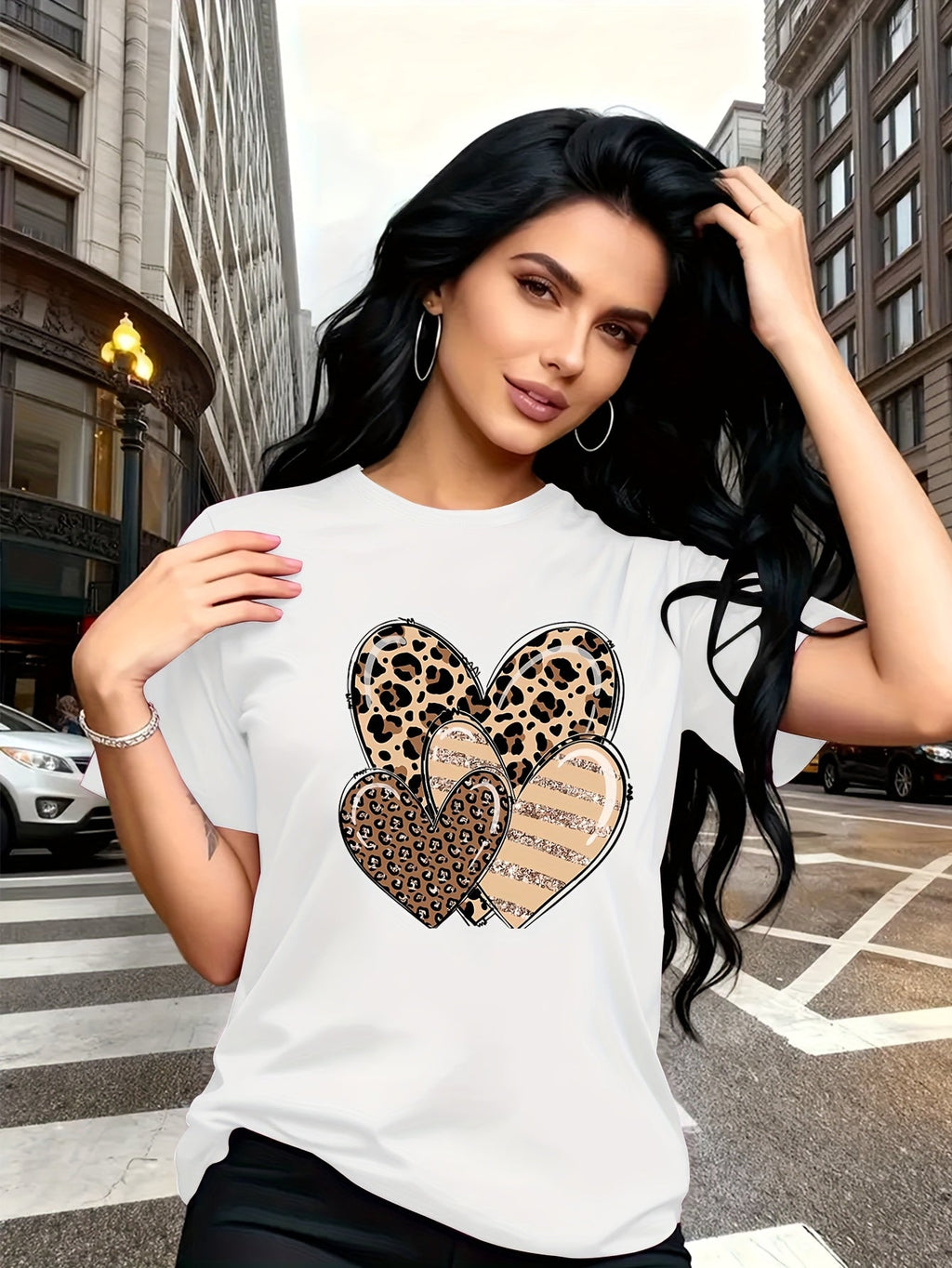 Leopard Heart Applique Print Short Sleeve Tee Crew Neck Casual Top