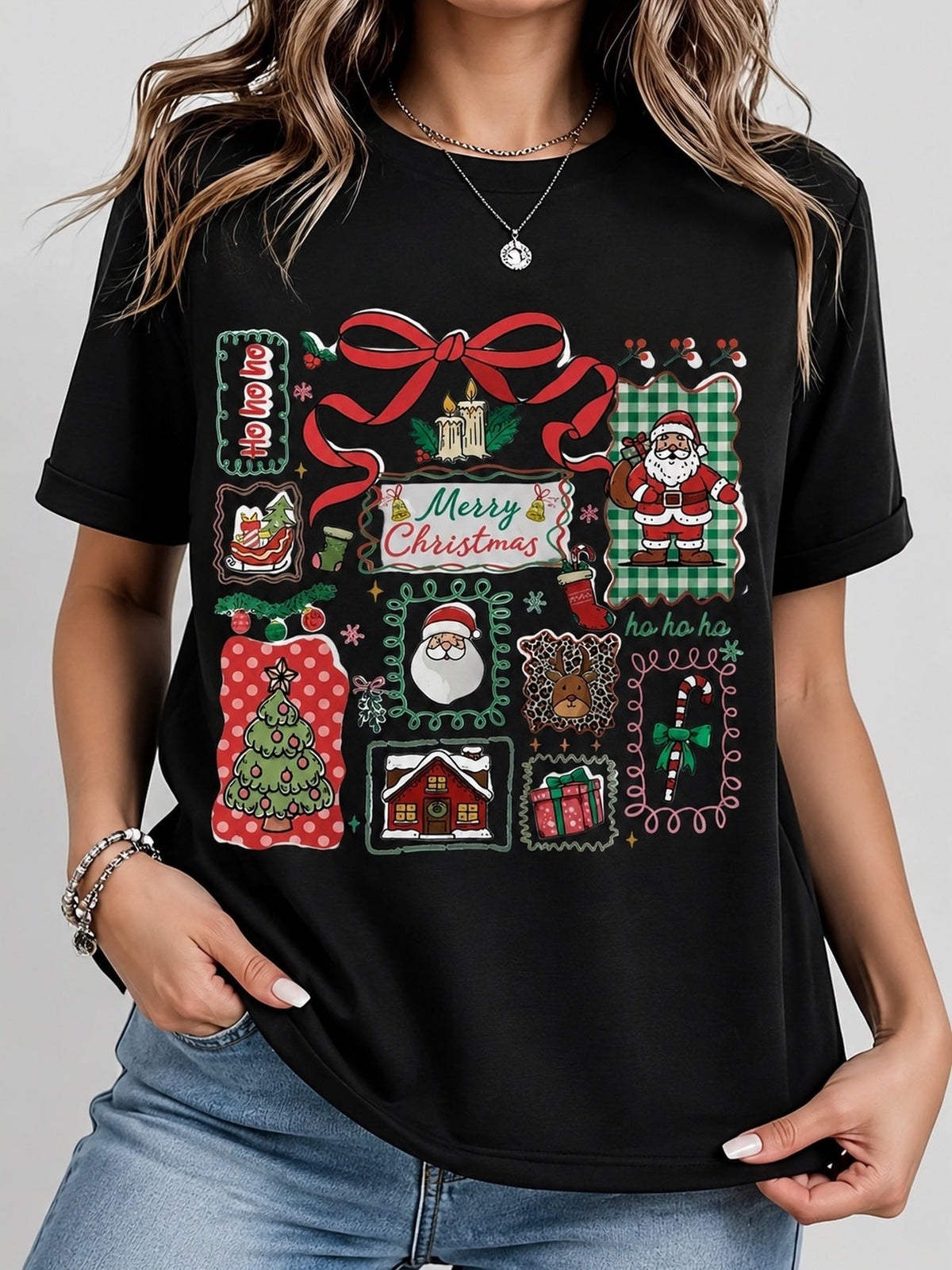 Merry Christmas Collage Graphic T-Shirt, Gift for Holiday Enthusiasts, Casual Everyday Wear