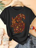 Plant Floral Squirrel Print Short Sleeve Tee Elegant Casual Crew Neck Top