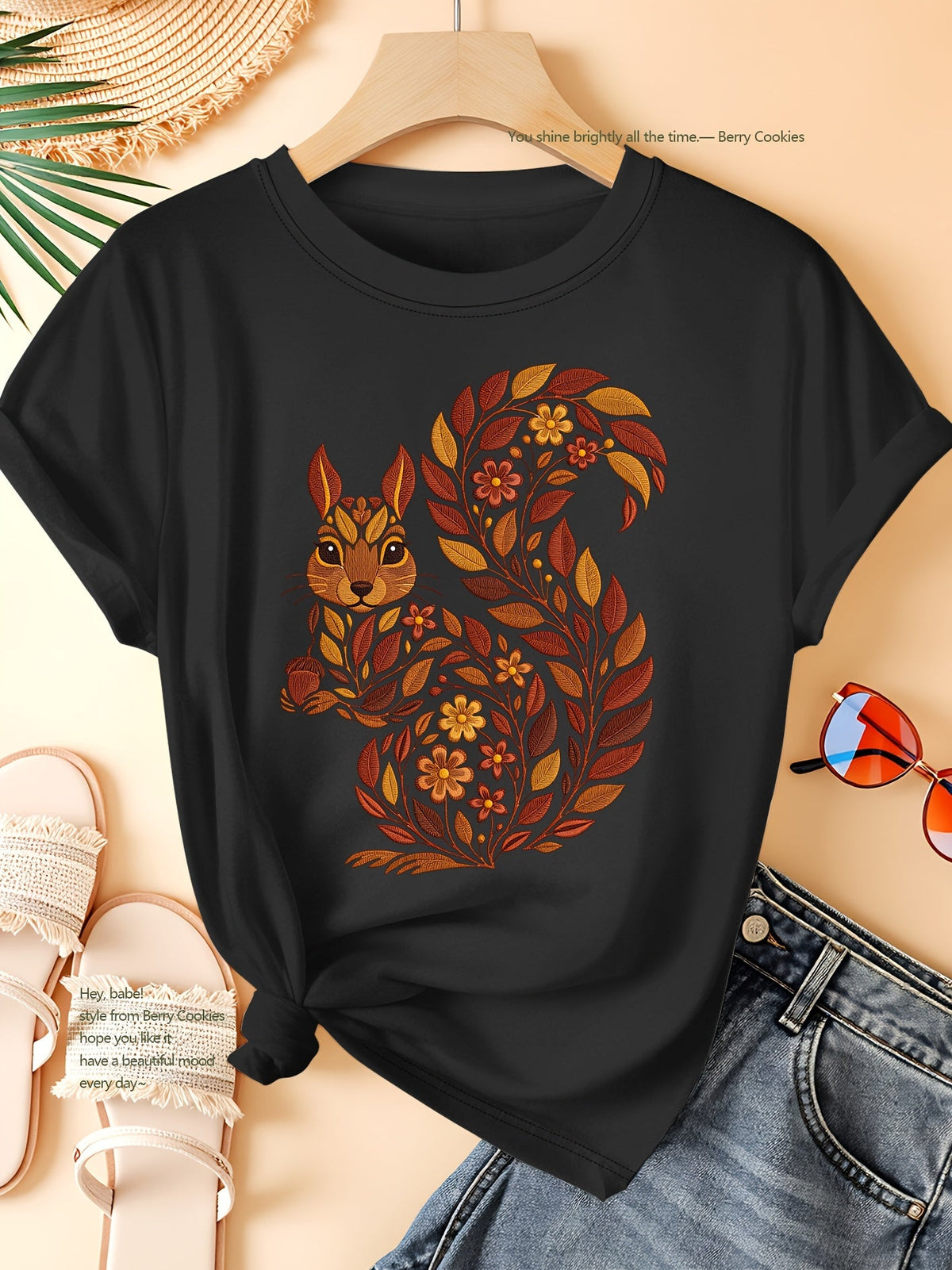 Plant Floral Squirrel Print Short Sleeve Tee Elegant Casual Crew Neck Top