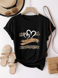 Leopard Heart Glitter Print Short Sleeve Tee Trendy Breathable Crew Neck Top