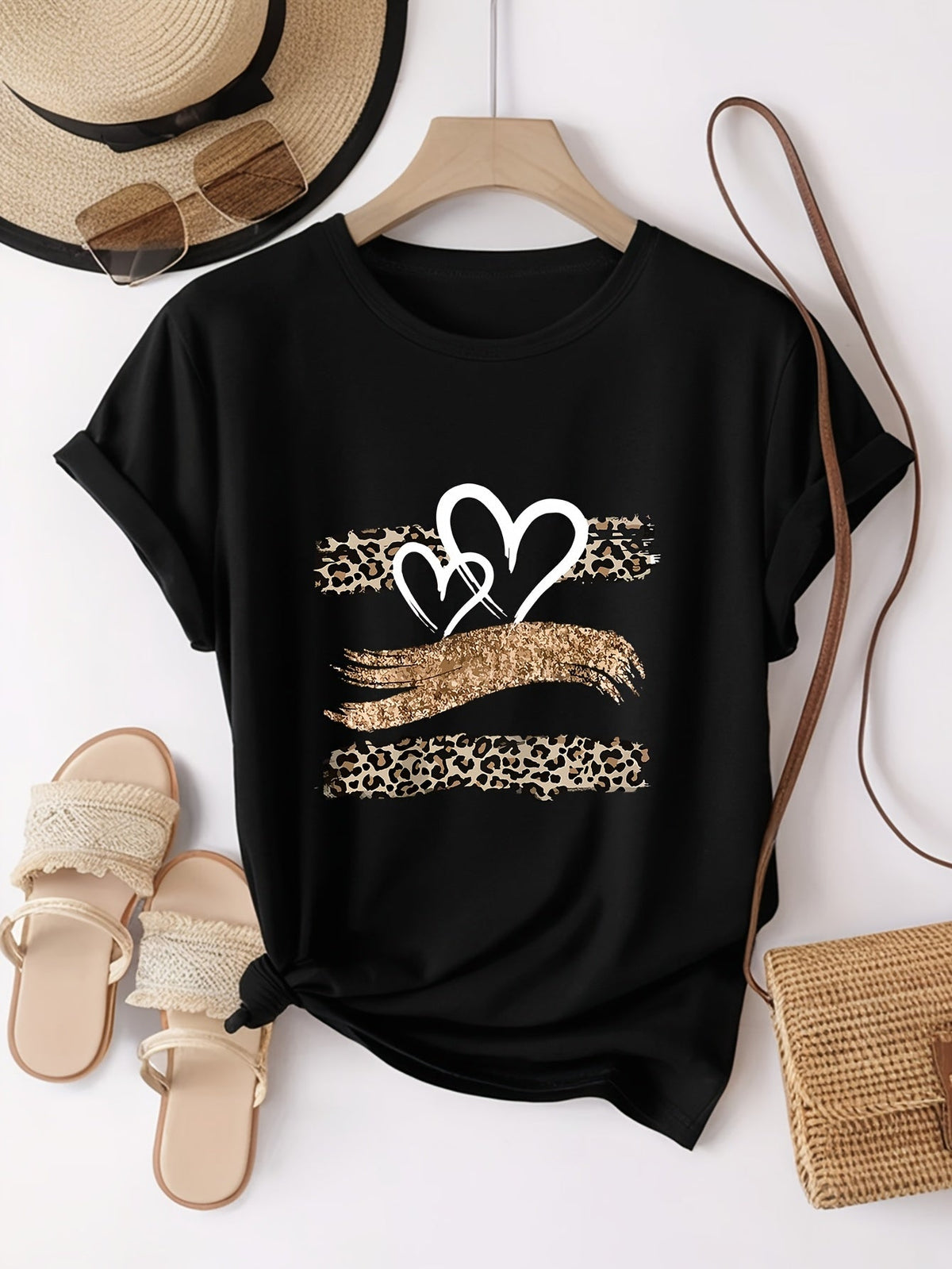 Leopard Heart Glitter Print Short Sleeve Tee Trendy Breathable Crew Neck Top