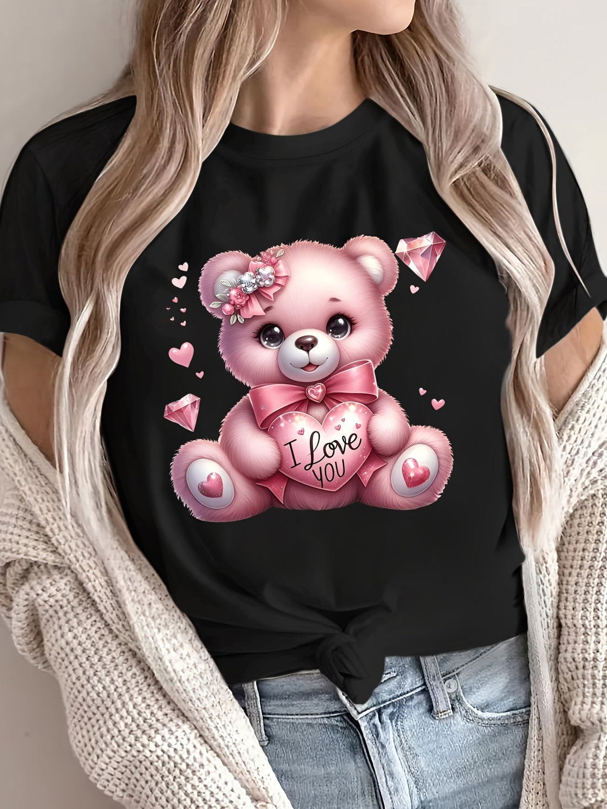 Women'S Pink Heart Bear Graphic T-Shirt