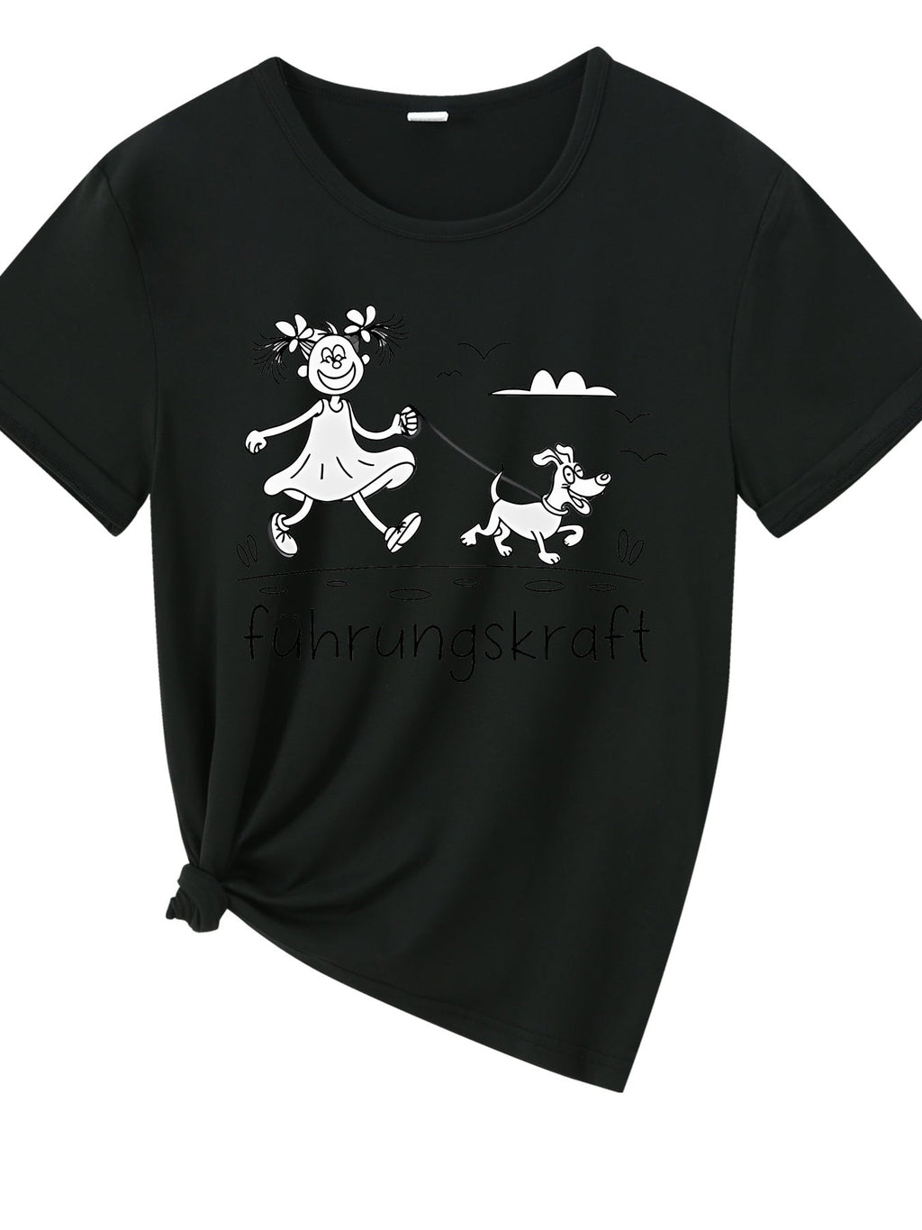 Cartoon Girl Walking Dog Print Short Sleeve Tee Unisex Sports Casual Crew Neck Top