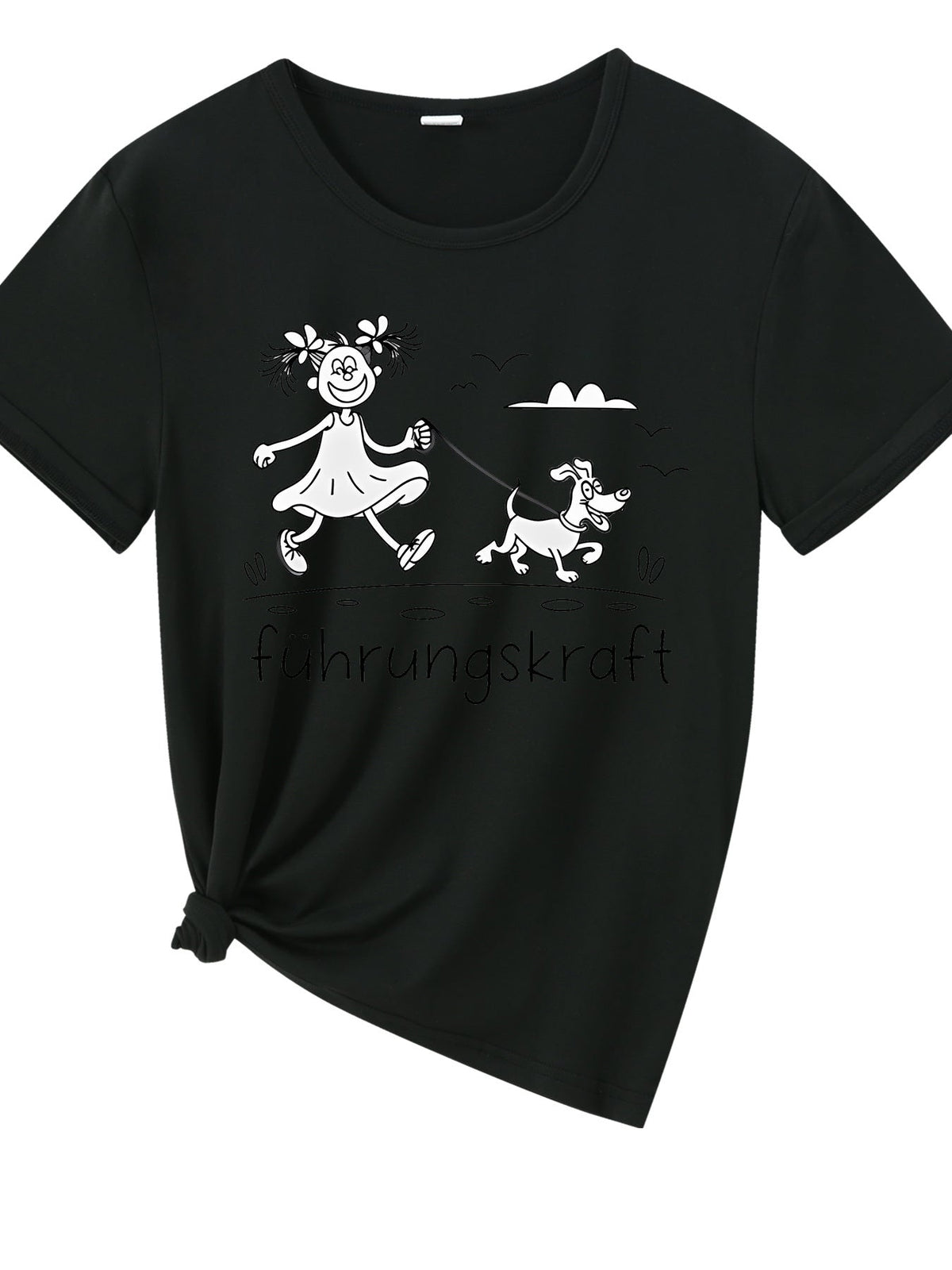 Cartoon Girl Walking Dog Print Short Sleeve Tee Unisex Sports Casual Crew Neck Top