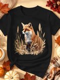 Autumn Wheat Field Animal-Print T-Shirt — Autumn Wildlife and Nature-Themed Crew-Neck Short-Sleeve T-Shirt