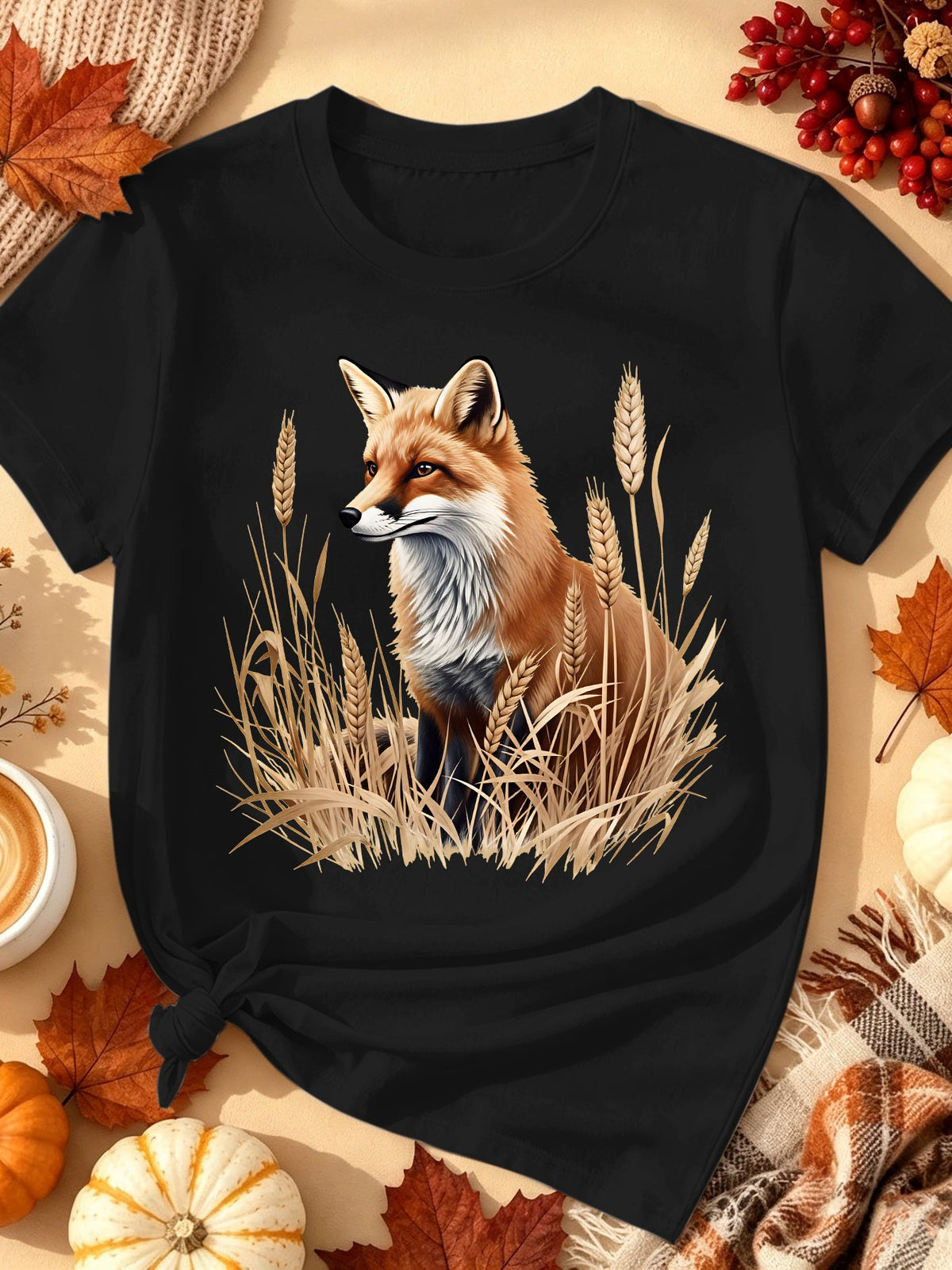 Autumn Wheat Field Animal-Print T-Shirt — Autumn Wildlife and Nature-Themed Crew-Neck Short-Sleeve T-Shirt
