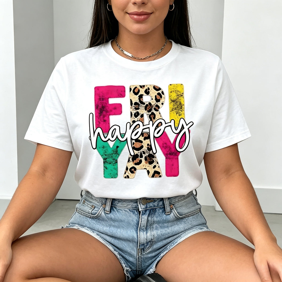 Happy Friyay Graphic Crew Neck Tee Teacher Fashion Short Sleeve Top