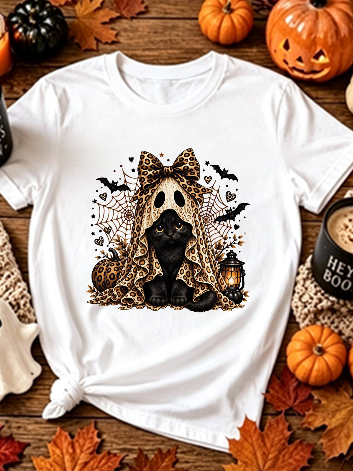 Halloween Leopard Bow Black Cat Ghost Print Short Sleeve Retro Style Casual Top Halloween Gift