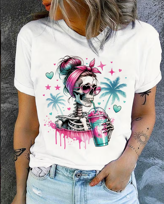 Women's Sugar Skull Graphic T‑Shirt, Rainbow Hair Silent Skeleton Print, Round Neck Short Sleeve Casual Top, Halloween T shirts