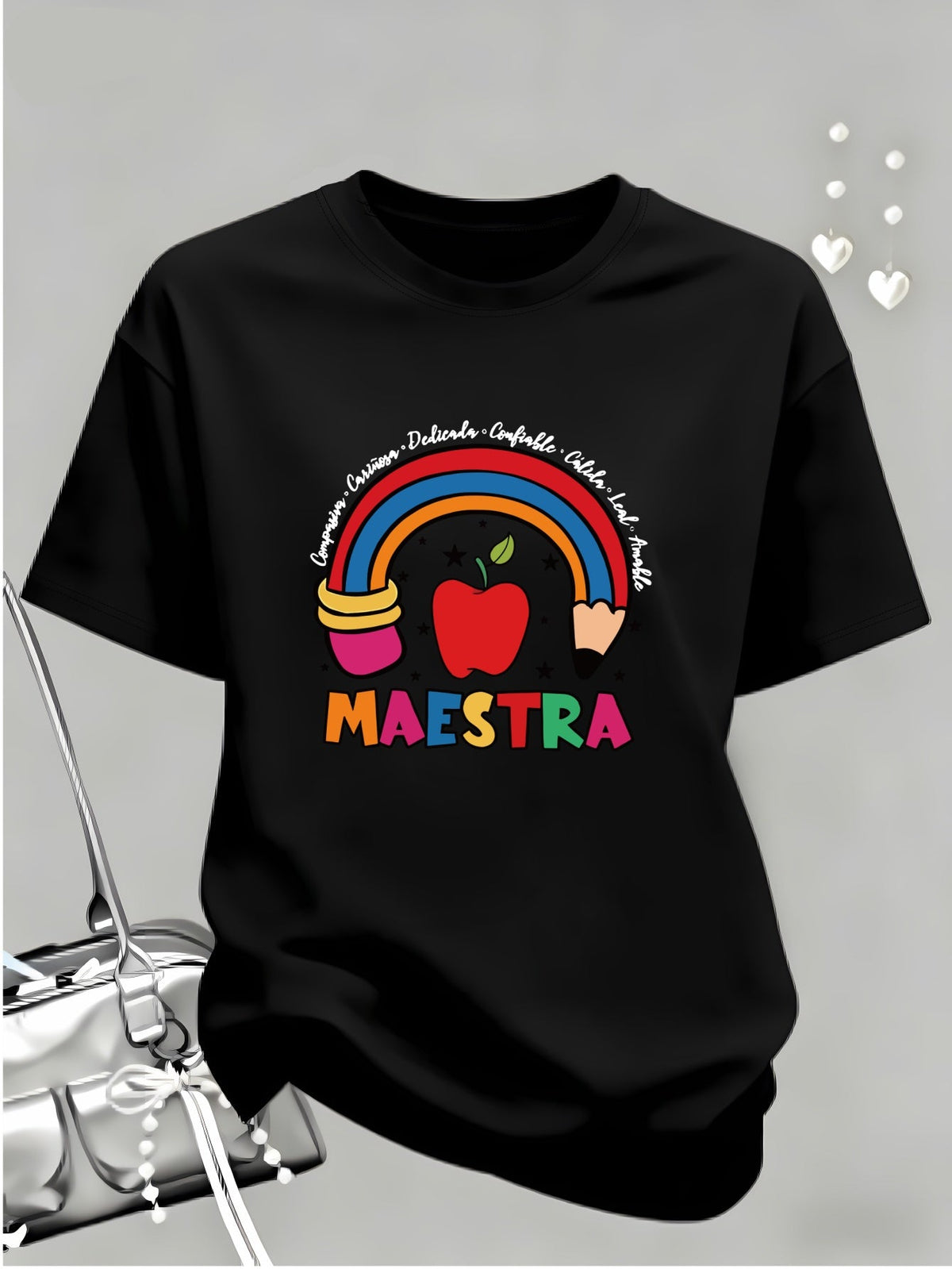MAESTRA Teacher Rainbow Pencil Apple Print Short Sleeve Tee Teacher Theme Top