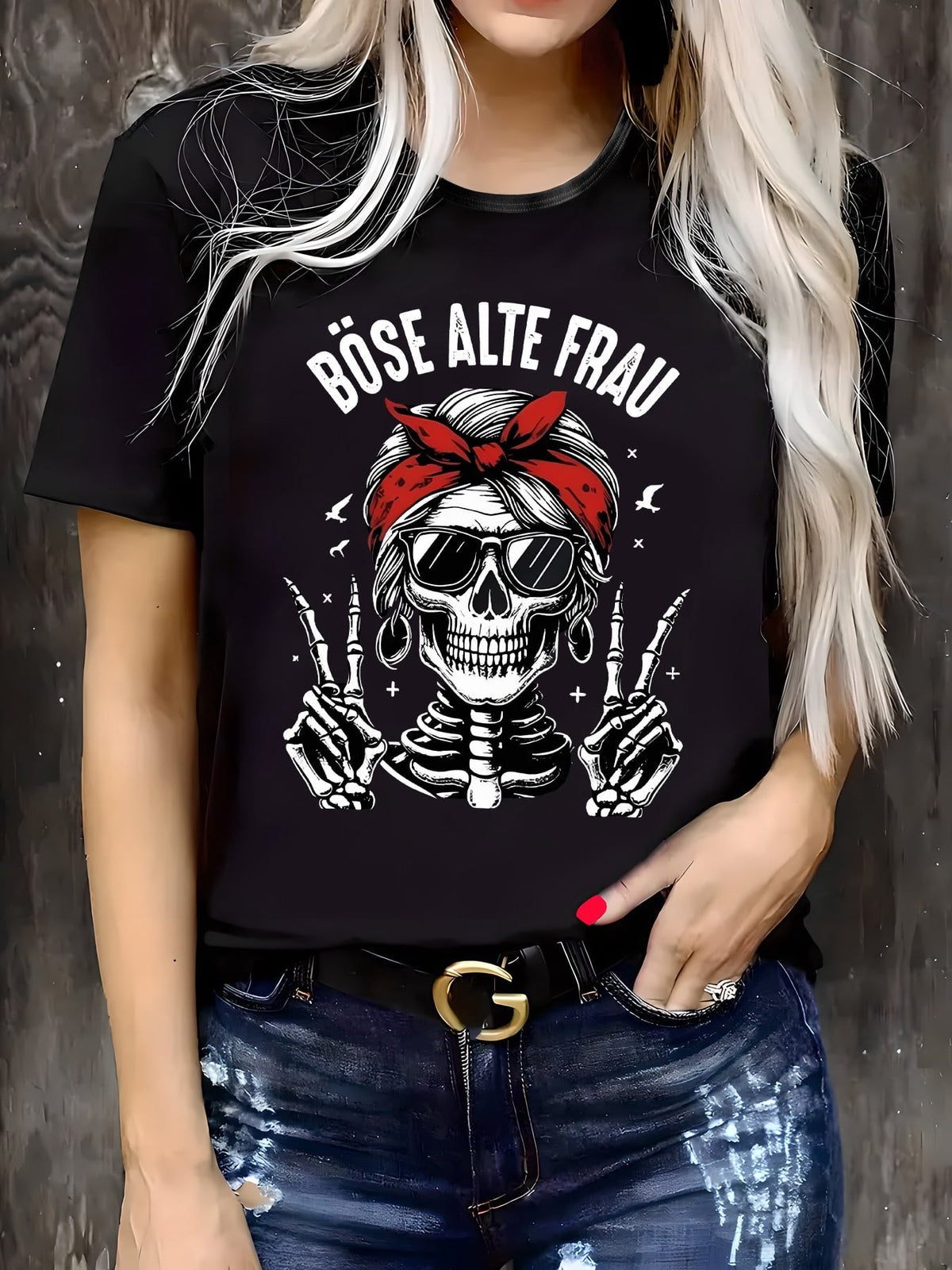 Böse Alte Frau T-Shirt, Funny Skull With Sunglasses Graphic Tee, Women's Cotton Crew Neck Short Sleeve Casual Top