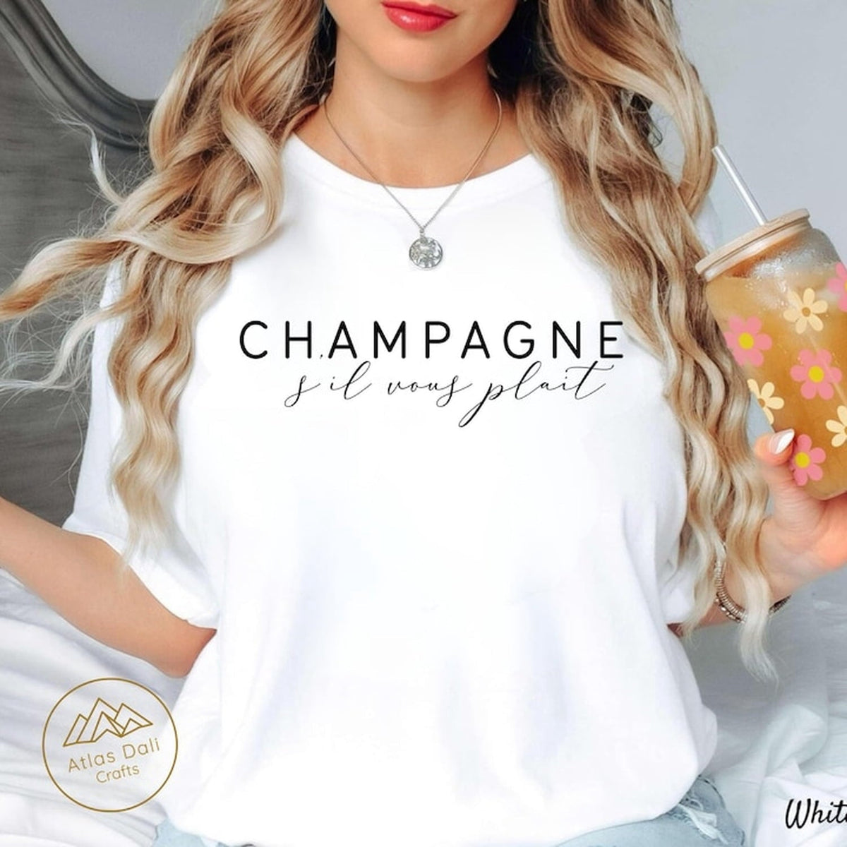 Champagne S'il Vous Plait French Quote Graphic Tee Women's Retro Casual Short Sleeve Cotton T-Shirt Cute Elegant Minimalist Top