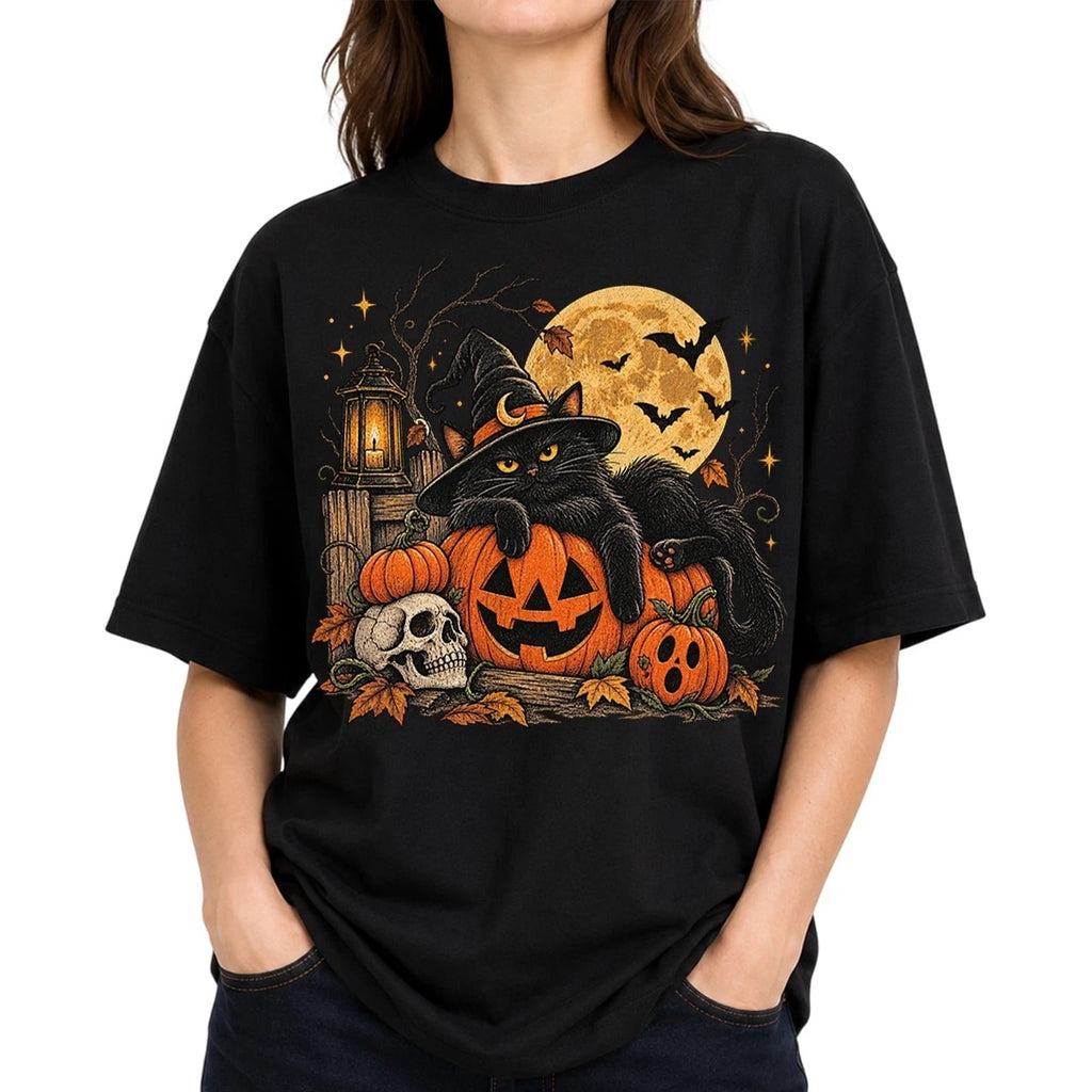 Cute Cat Witch Pumpkin T-Shirt Spooky Halloween Kitty Bones Tee Sizes S–5XL