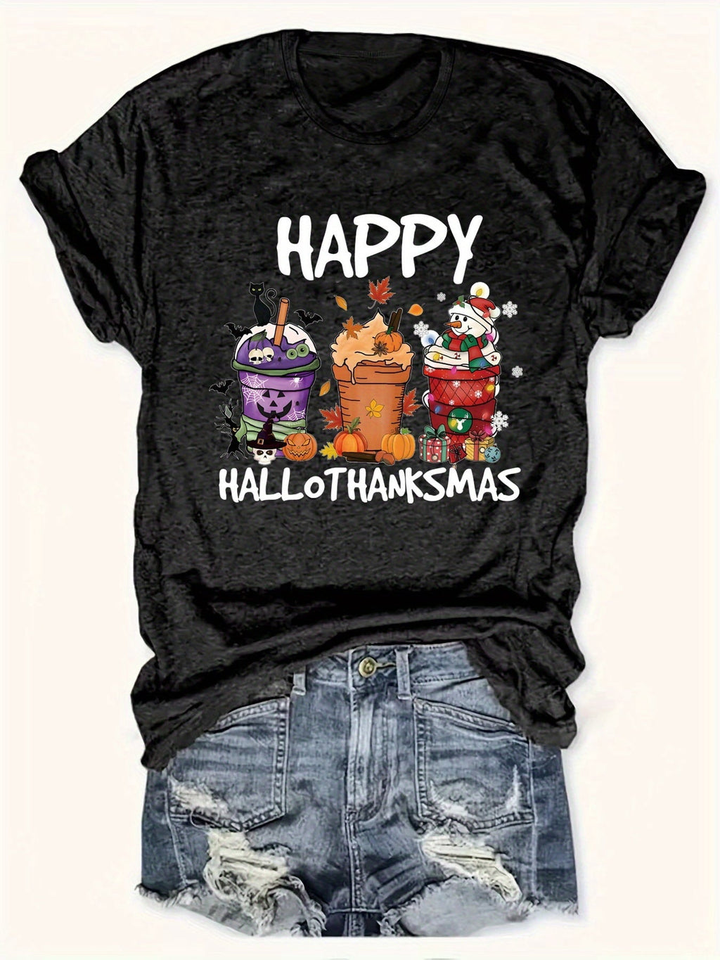 Fashion Plus Size Women's Casual T-Shirt with Halloween, Thanksgiving, and Christmas Prints Tees Tops Holiday gift For Family And Friends