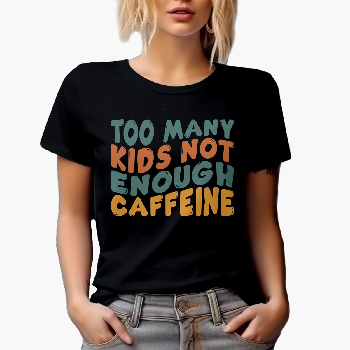 Funny Too Many Kids, Not Enough Caffeine, Mom Saying, Groovy Retro Wavy Text Merch Gift, Black T-Shirt, Medium