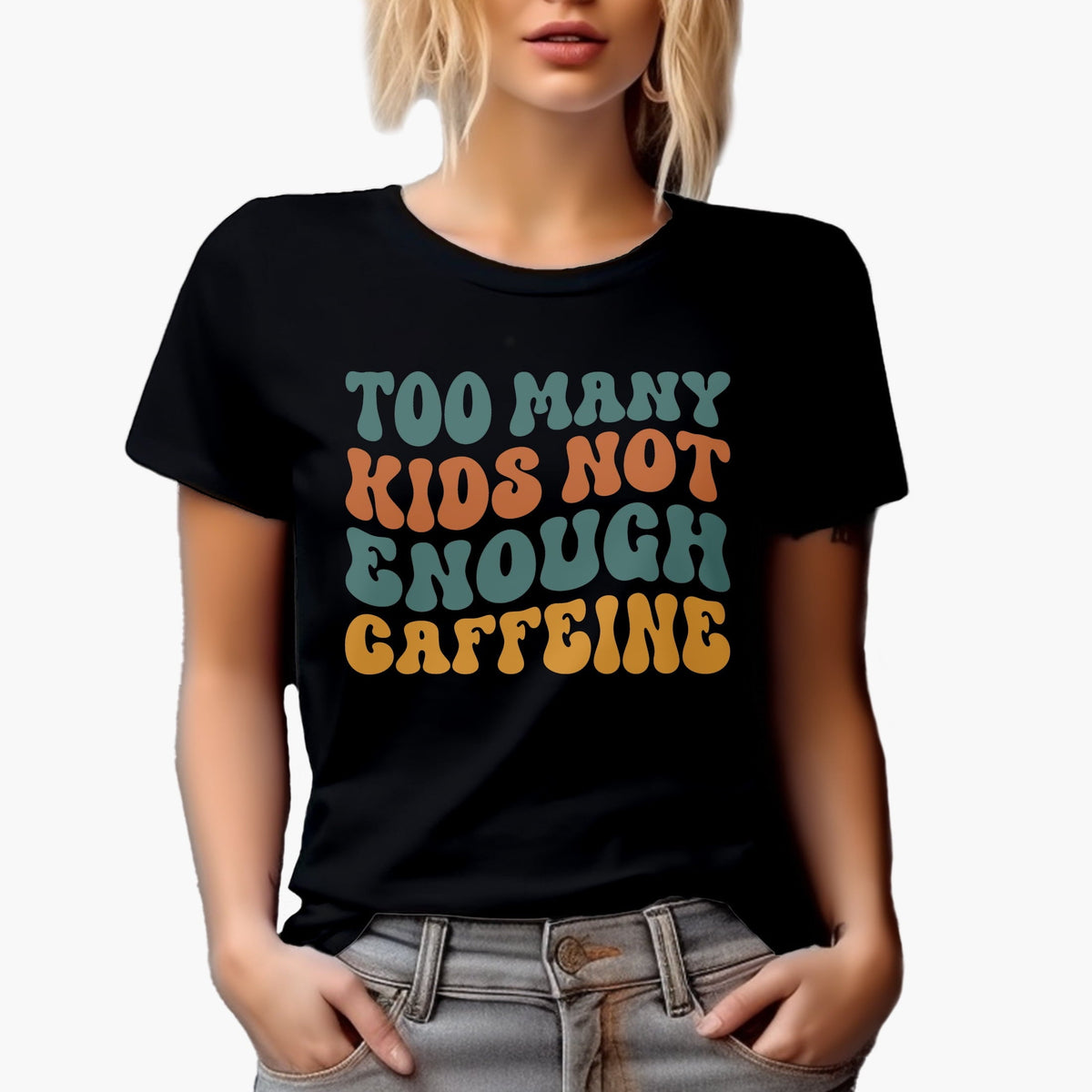 Funny Too Many Kids, Not Enough Caffeine, Mom or Mother Saying, Groovy Retro Wavy Text Merch Gift, Navy Blue T-Shirt, Large