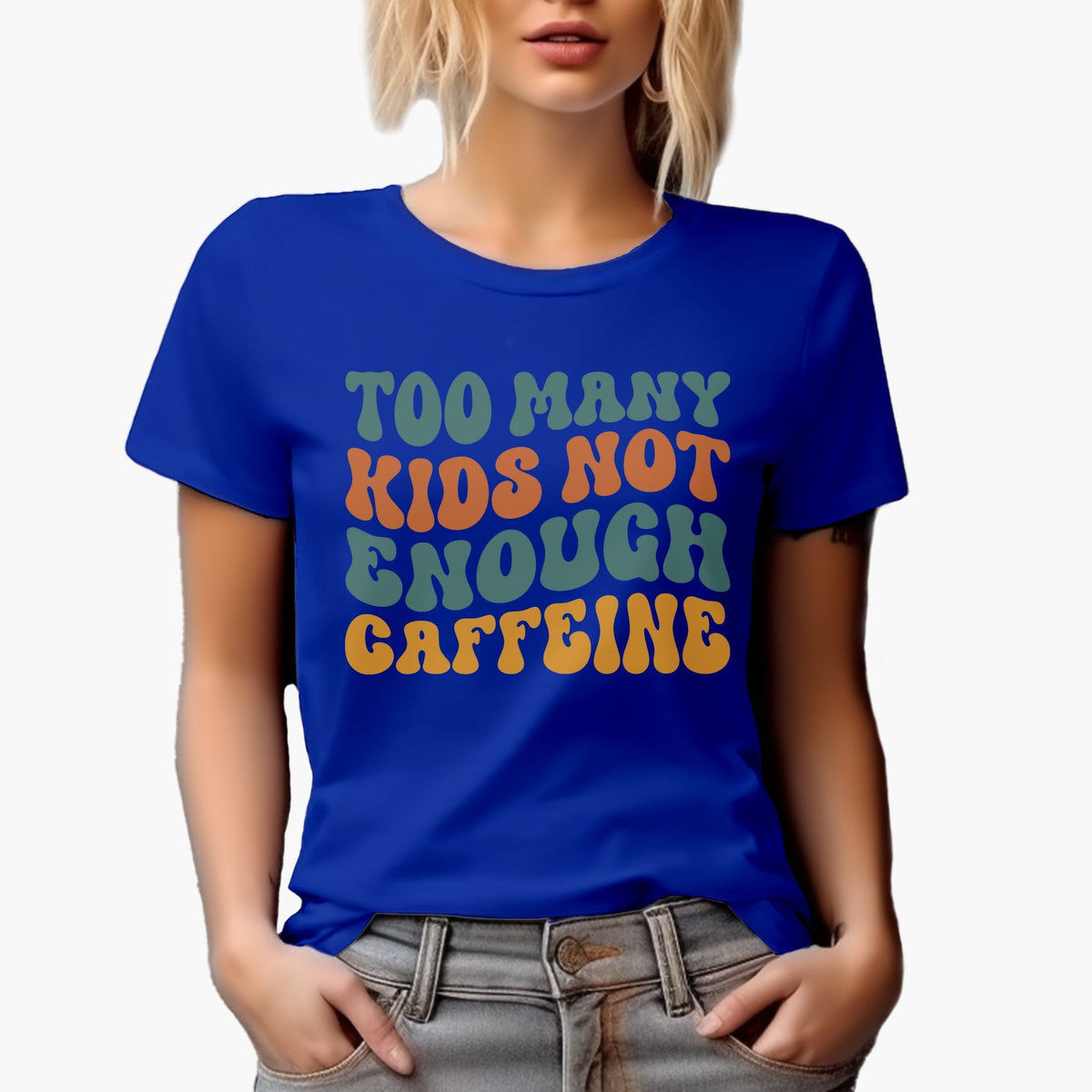 Funny Too Many Kids, Not Enough Caffeine, Mom or Mother Saying, Groovy Retro Wavy Text Merch Gift, Navy Blue T-Shirt, Large