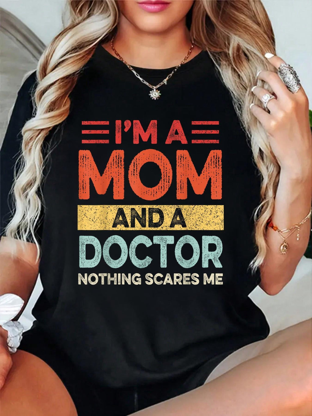I'm A Mom And A Doctor For Women Mother Funny Saying Retro T-Shirt casual short sleeve crew neck cotton tee tops for women