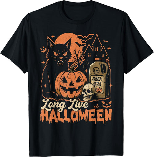 Long Live Halloween Funny Pumpkin Black Cat Funny Unisex T-Shirt