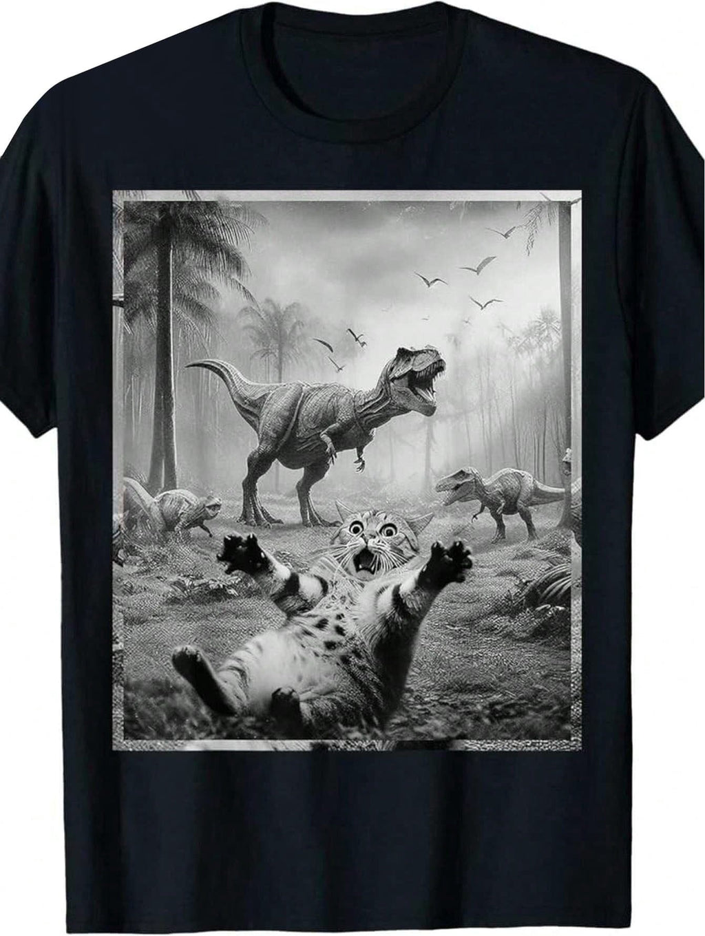 Men's Funny Cat & T-Rex Dinosaur Graphic Tee - Short Sleeve,Black Retro Style Casual Shirt For All Seasons, Everyday Clothing