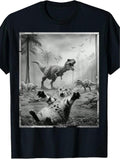 Men's Funny Cat & T-Rex Dinosaur Graphic Tee - Short Sleeve,Black Retro Style Casual Shirt For All Seasons, Everyday Clothing