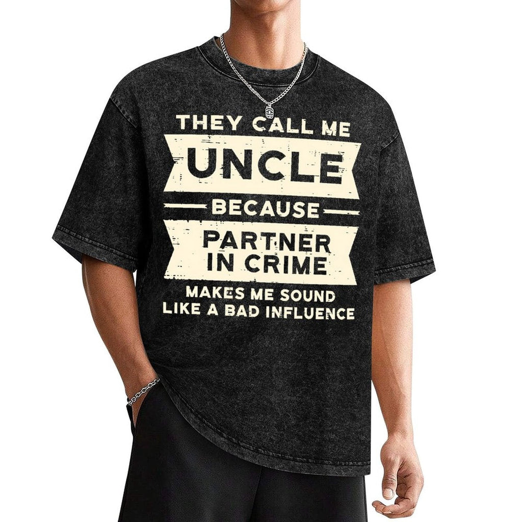 Men's Funny Uncle Crime Partner Slogan T-Shirt - 100% Breathable Retro Streetwear Tee With Partner In Crime Saying, Loose Fit Casual Short Sleeve Shirt For Daily Wear Washed Tee
