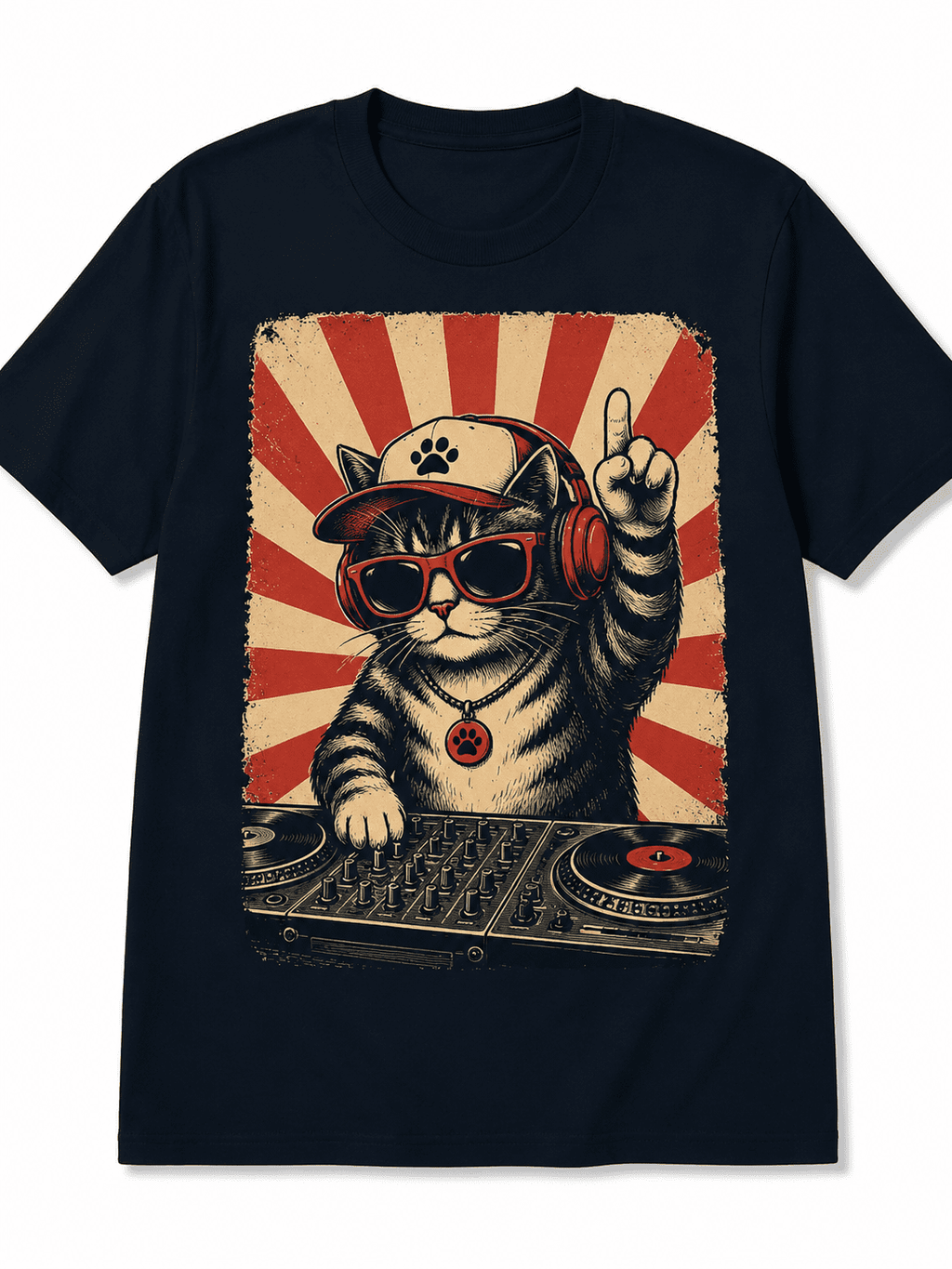 Men's Retro DJ Cat Graphic T-Shirt Cool Music Lover Casual Short Sleeve Crew Neck Tee