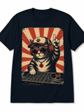 Men's Retro DJ Cat Graphic T-Shirt Cool Music Lover Casual Short Sleeve Crew Neck Tee