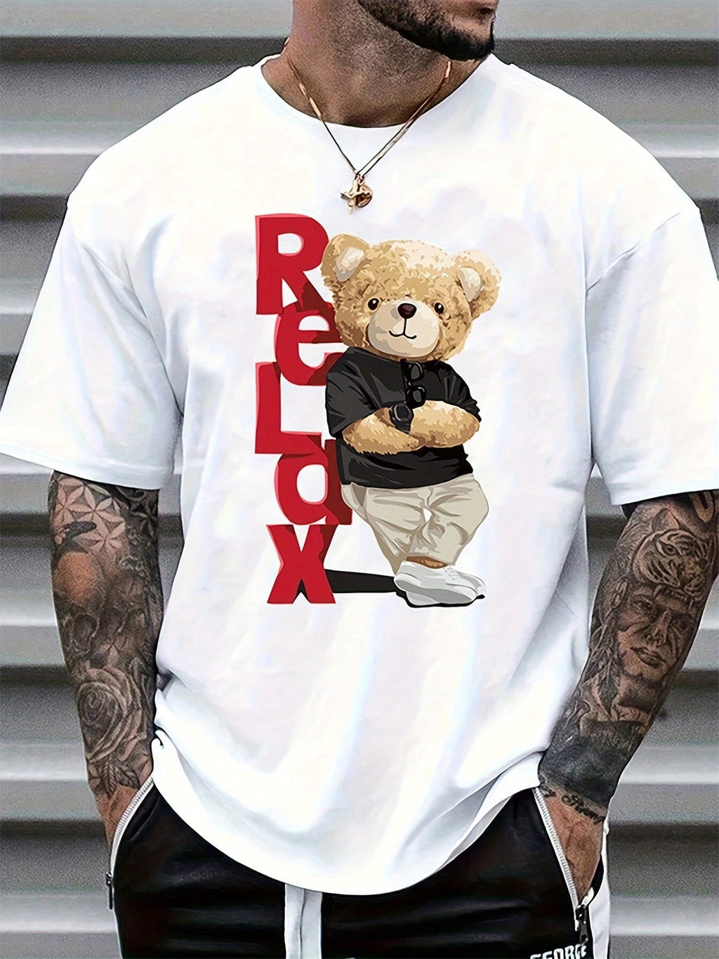 Men's Trendy Casual T-Shirt with Bear Graphic Print