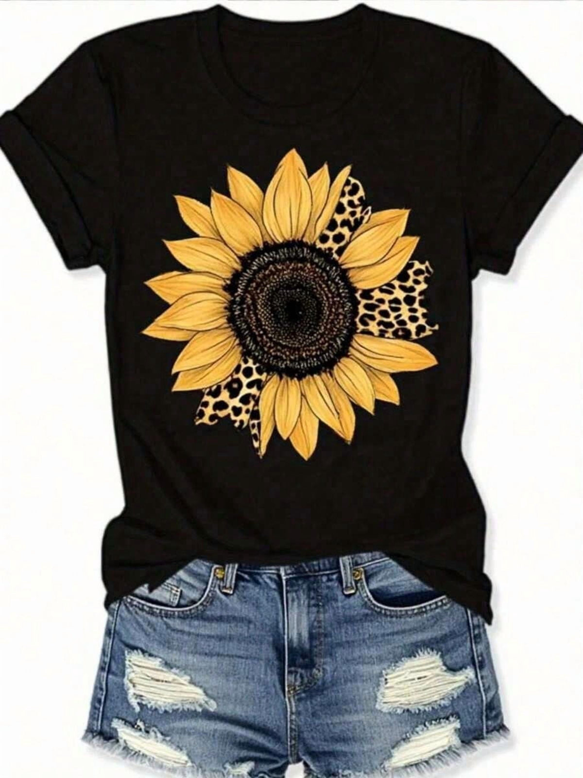 Sunflower Leopard Print Women's Summer Round Neck Short Sleeve T-Shirt, Breathable Casual Short Sleeve T-Shirt