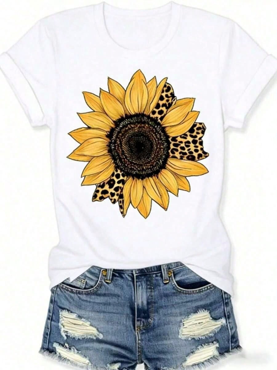 Sunflower Leopard Print Women's Summer Round Neck Short Sleeve T-Shirt, Breathable Casual Short Sleeve T-Shirt
