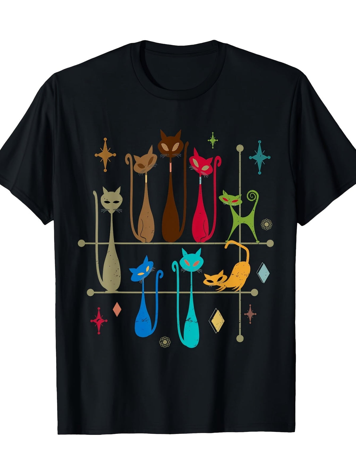 Unisex Mid‑Century Modern Retro Cat Graphic T‑Shirt, Whimsical Atomic Star Geometric Kitten Short‑Sleeve Crew‑Neck Casual Friendly Novelty Tee