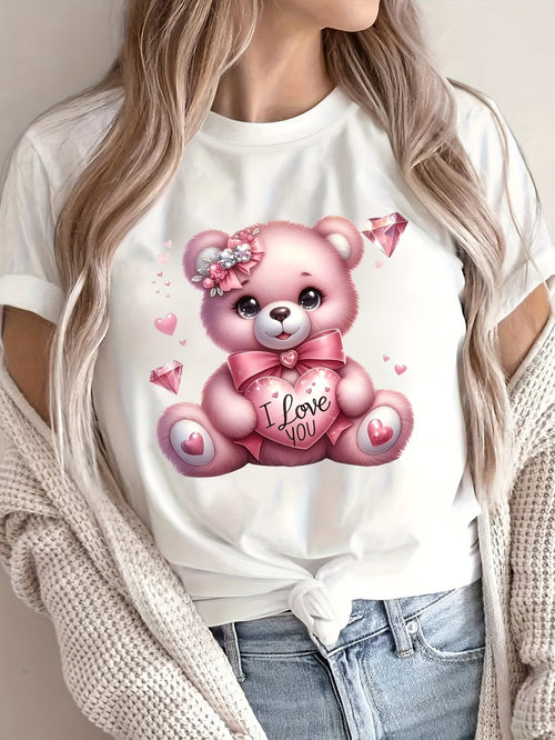 Women'S Pink Heart Bear Graphic T-Shirt