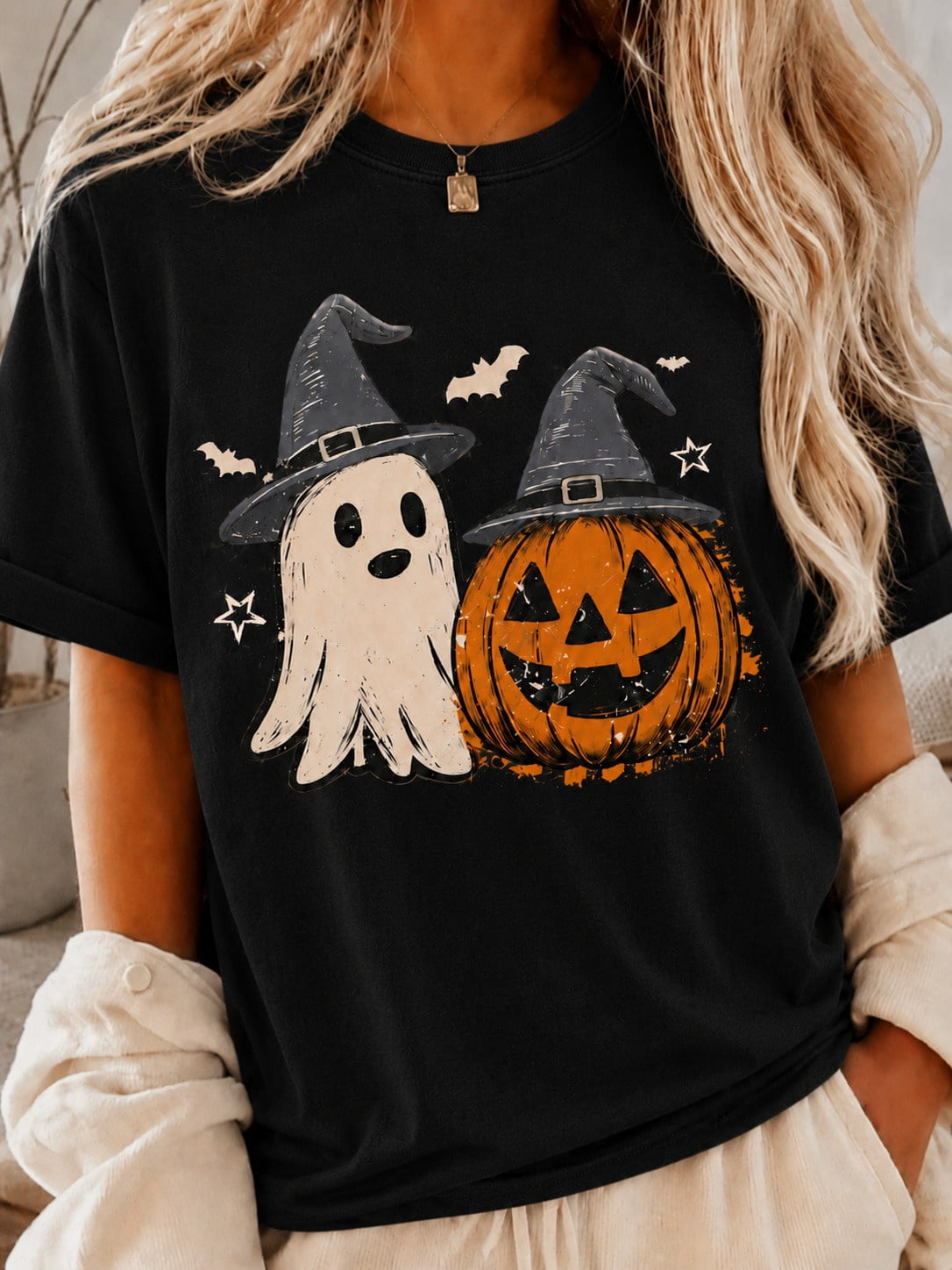Women's Casual Halloween Pumpkin & Ghost Print Short Sleeve Round Neck T-Shirt For Fall Festival