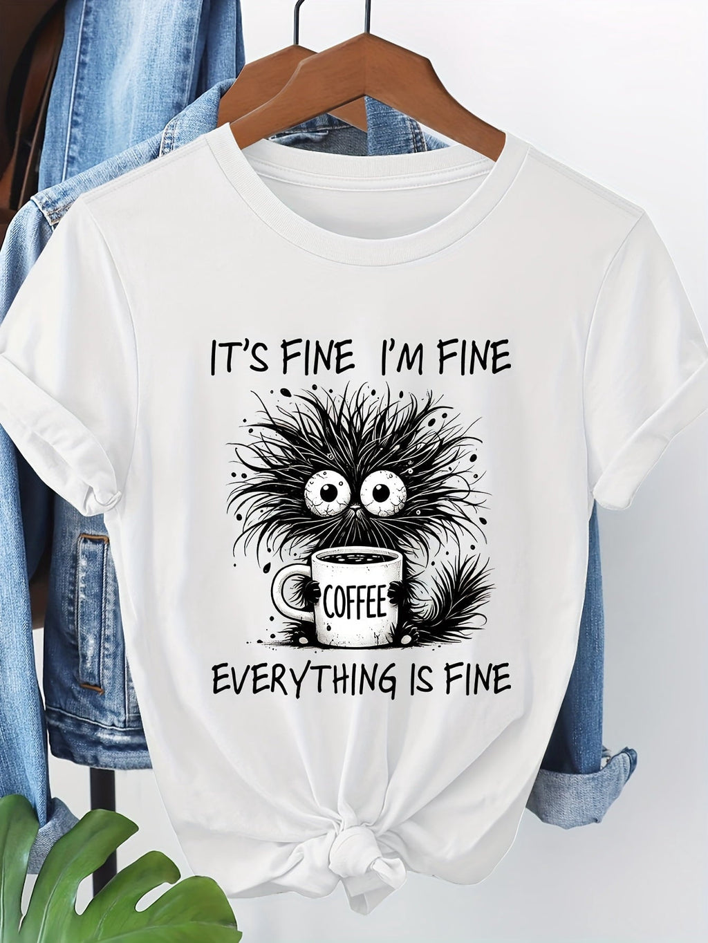 Women's Funny Coffee Graphic T-Shirt, It's Fine I'm Fine Everything Is Fine Print Casual Crew Neck Short Sleeve Tee, Cute Coffee Lover Everyday Shirt