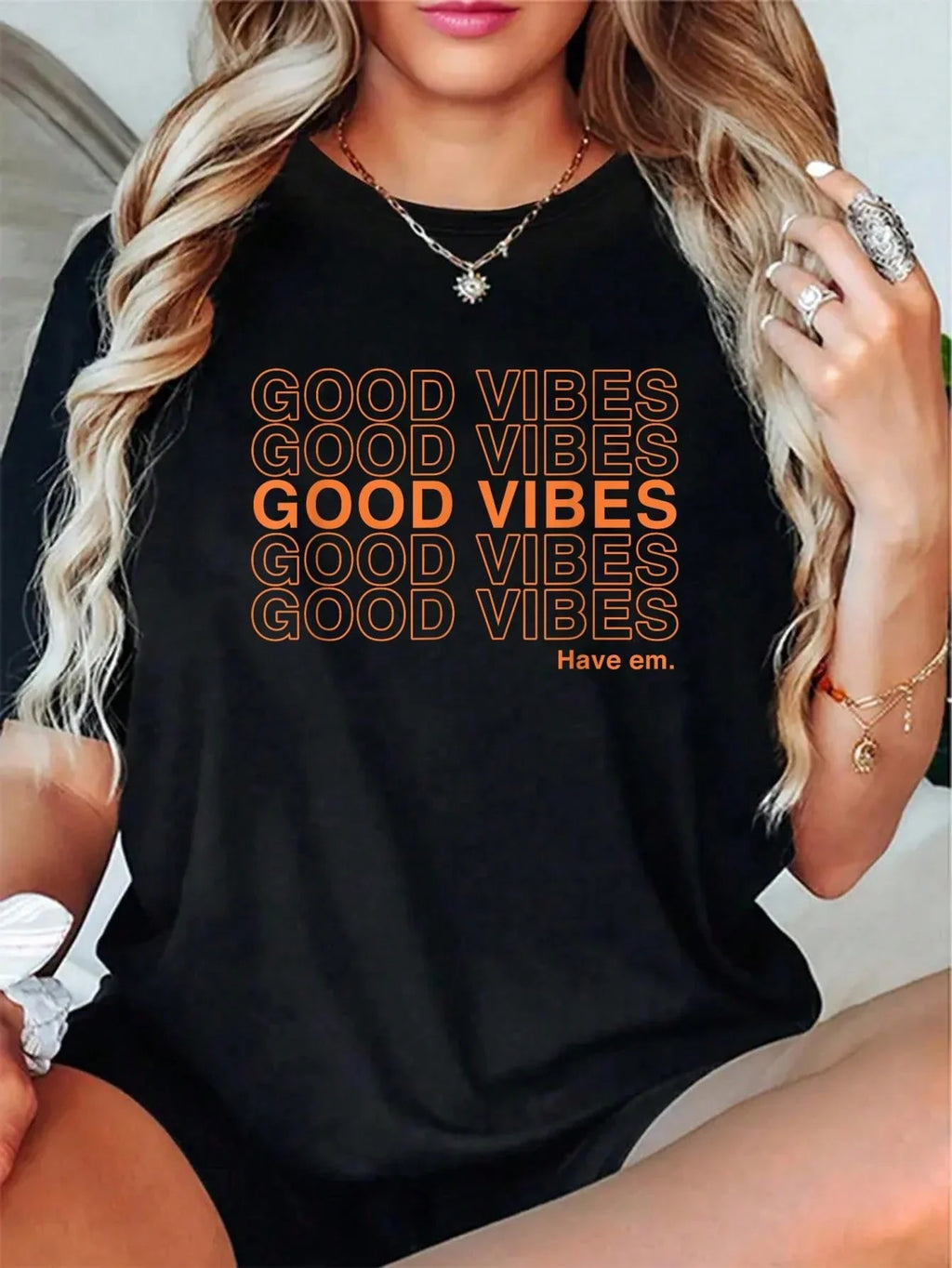 Women's Retro Good Vibes Graphic T-Shirt - Positive Quote Orange Typography Black Short Sleeve Casual Summer Fashion Tee