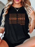 Women's Retro Good Vibes Graphic T-Shirt - Positive Quote Orange Typography Black Short Sleeve Casual Summer Fashion Tee