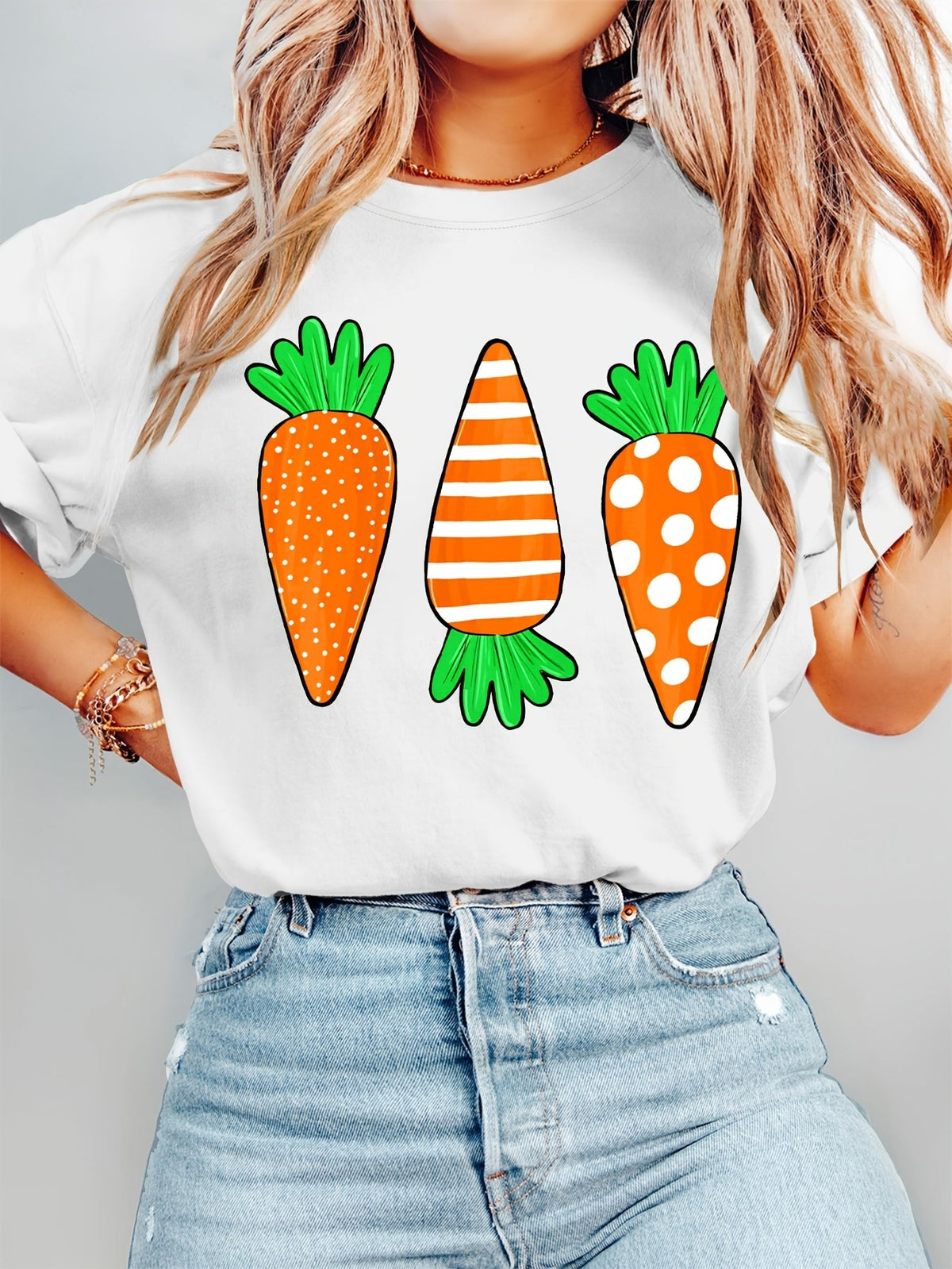 Easter Cartoon Carrot Print Short Sleeve Tee Crew Neck Casual Gift Top
