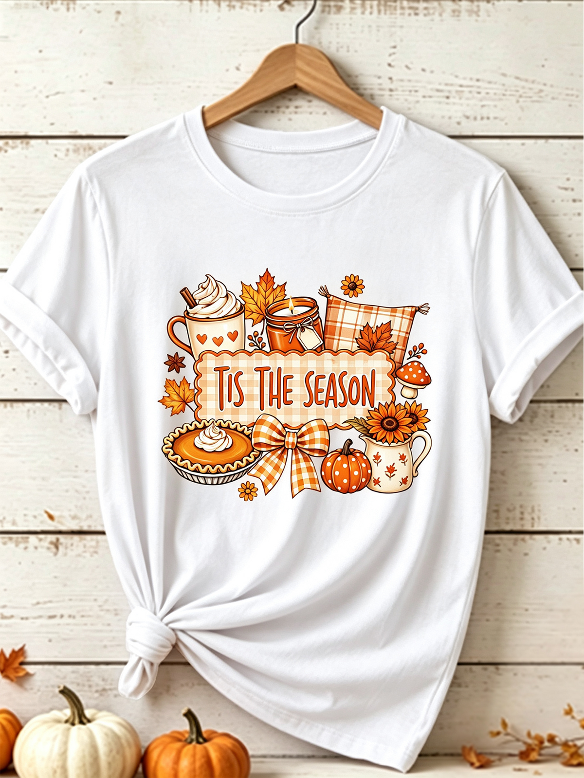 Tis The Season Fall Pumpkin Pie Hot Cocoa Graphic T-Shirt, Autumn Harvest Short Sleeve Tee for Women