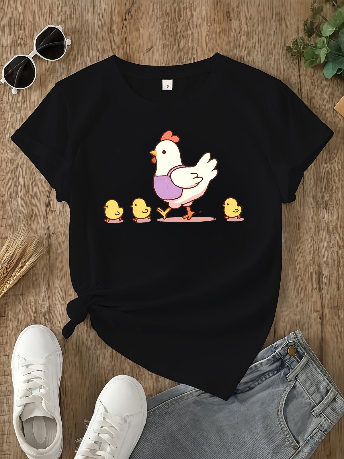 Hen Chick Graphic Crew Neck Short Sleeve Tee Unisex Summer Casual Top