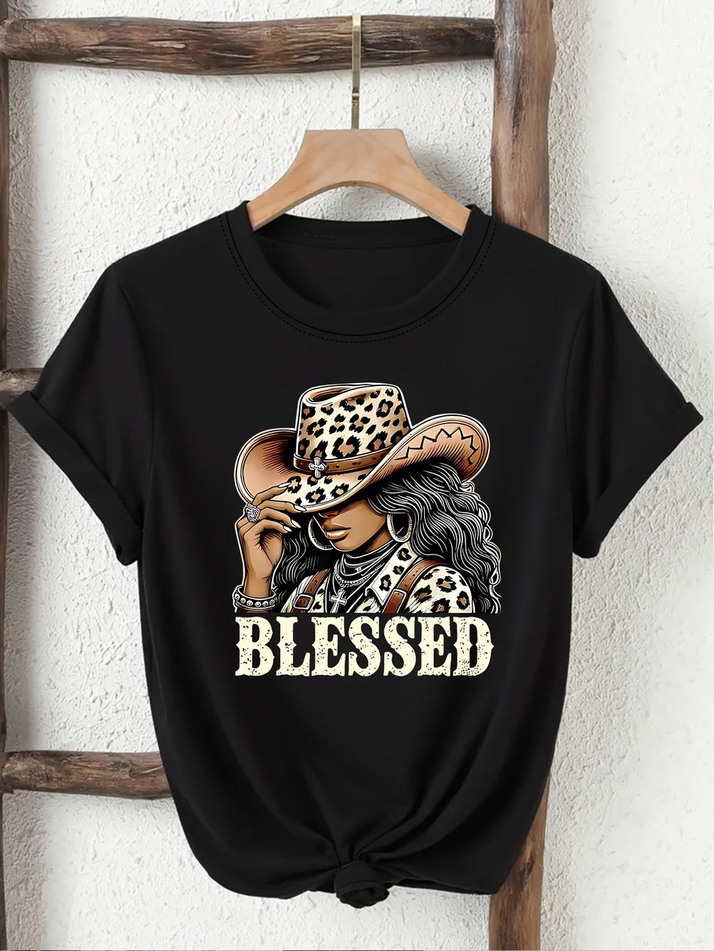 Women's Blessed Graphic T-Shirt, Western Cowgirl Leopard Print Hat Design, Faith Inspired Short Sleeve Crew Neck Casual Tee