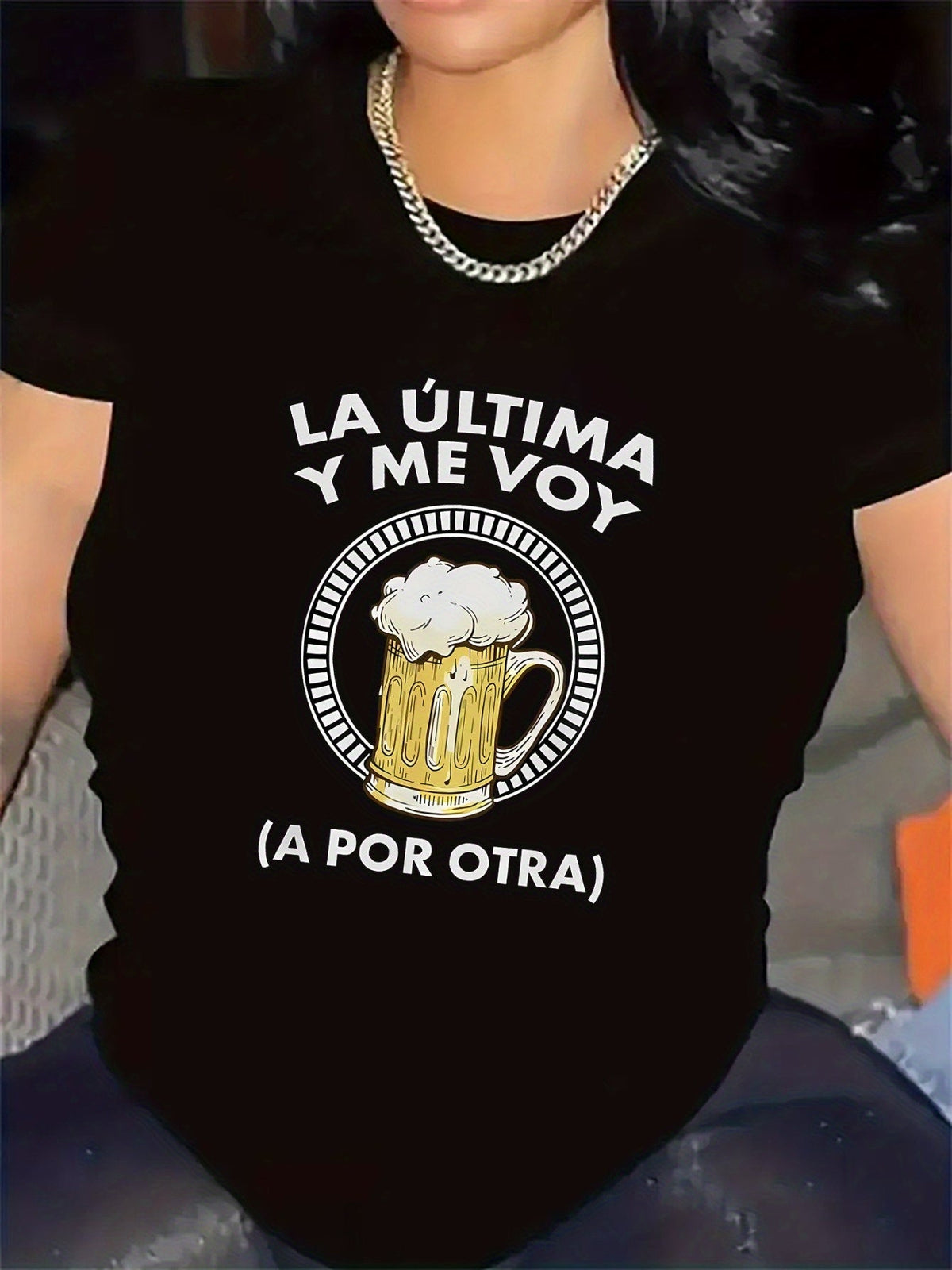 Spanish Beer Theme Print Short Sleeve Tee Funny Crew Neck Casual Top
