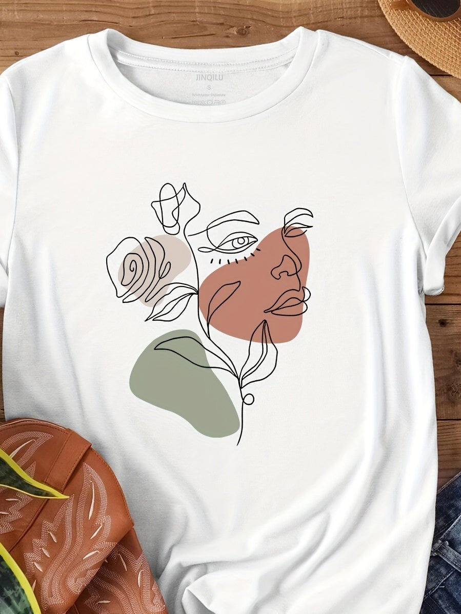 New Line Art Flower Face Print Short Sleeve Tee Unisex Crew Neck Casual Top